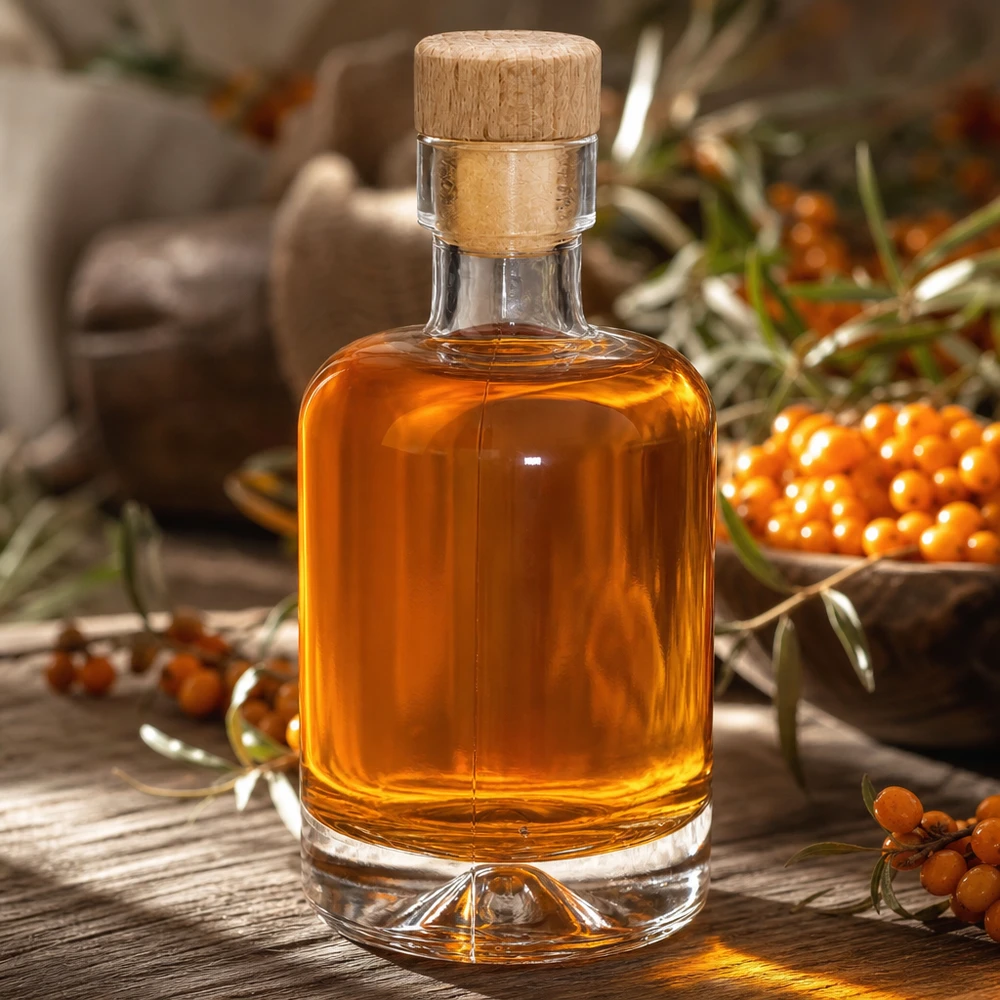 50 ml szklana butelka Amelie wypełniona olejem z rokitnika między pomarańczowymi jagodami rokitnika naturalnie zdobionymi