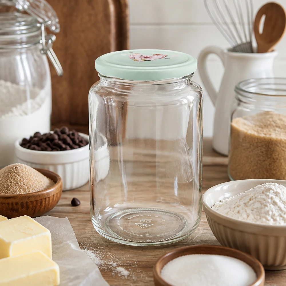 795ml okrągły słoik pusty z miętową pokrywką BasicSeal z sercem między składnikami do pieczenia mąka masło na drewnianej desce akcesoria kuchenne