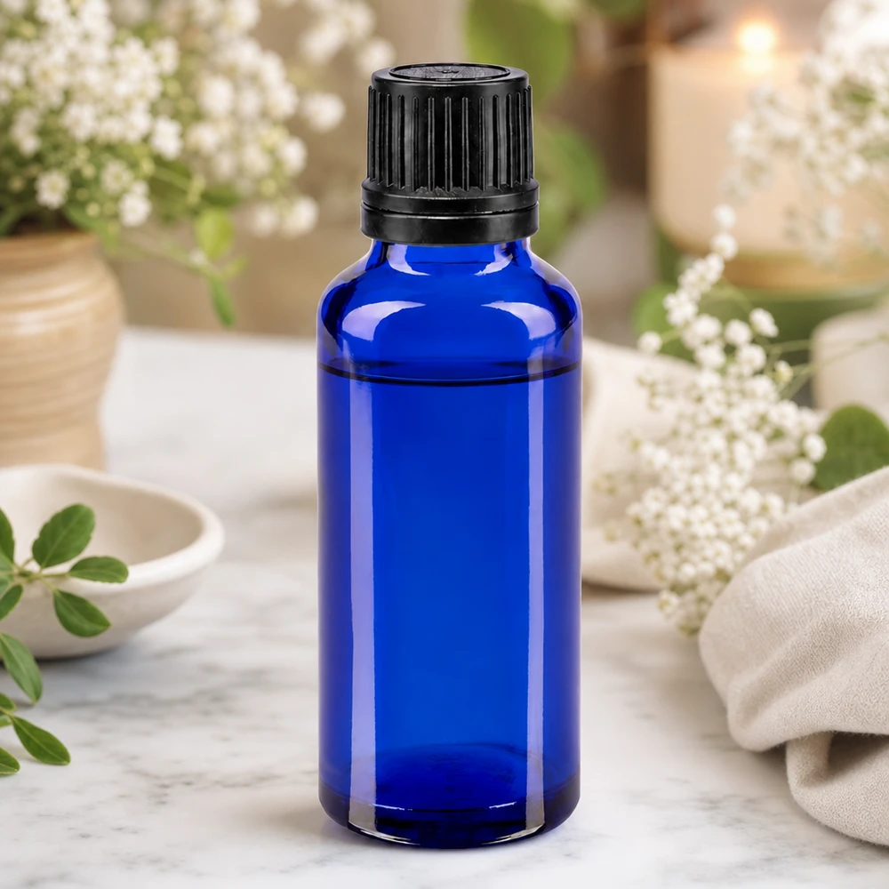 Butelka apteczna niebieska 30ml drip v. Pr. 1mm czarny OV Mała, niebieska buteleczka apteczna o pojemności 30 ml z czarną zakrętką, przeznaczona do olejków eterycznych
