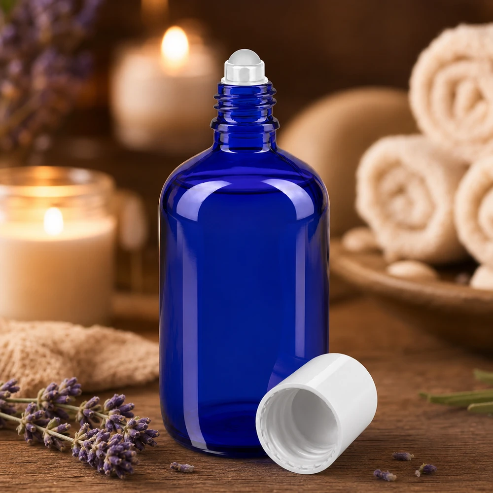Niebieska szklana buteleczka apteczna z kulką o pojemności 100 ml z białą nakrętką na tle relaksującego spa