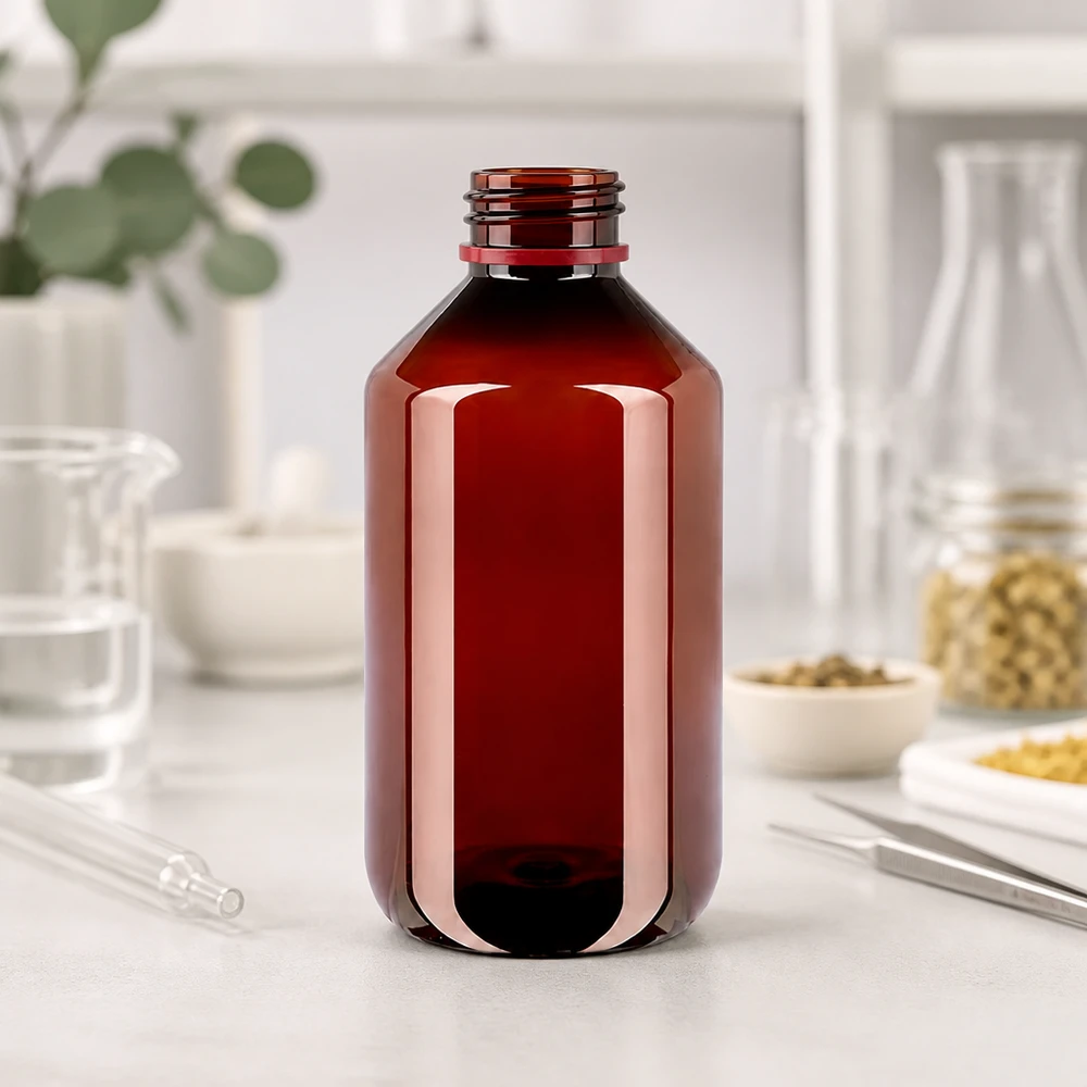 Butelka PET 500 ml z białą/czerwoną nakrętką OV Brązowa butelka PET z ochroną przed światłem o pojemności 500 ml z czerwonym zamknięciem zabezpieczającym przed manipulacją, przeznaczona do substancji wrażliwych