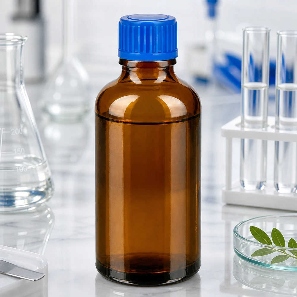 Mała butelka laboratoryjna o pojemności 50 ml wykonana z bursztynowego szkła z niebieską zakrętką na próbki