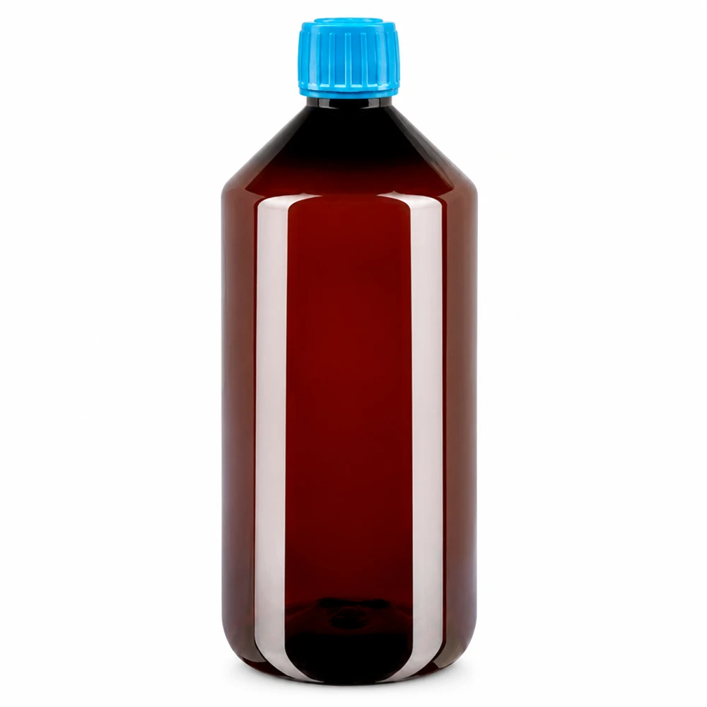 Butelka PET 1000ml z niebieską nakrętką OV Brązowa butelka PET o pojemności 1000 ml z niebieskim zamknięciem zabezpieczającym przed otwarciem, zapewniającym bezpieczne przechowywanie