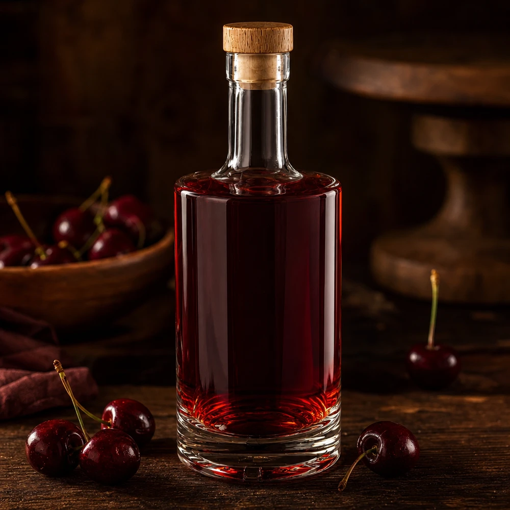 500ml szklana butelka Nora wypełniona likierem wiśniowym ciemnoczerwony drewniany korek UNiTWIST świeże wiśnie rustykalny drewniany stół