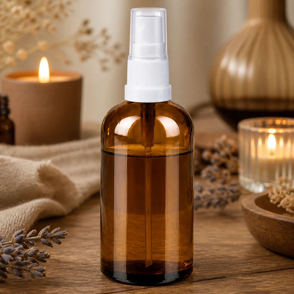 100 ml butelka z atomizerem biała/przezroczysta STD BrownLine UT18/100 Kompaktowa butelka z bursztynowego szkła o pojemności 100 ml z białym mechanizmem pompki do precyzyjnego dozowania płynów