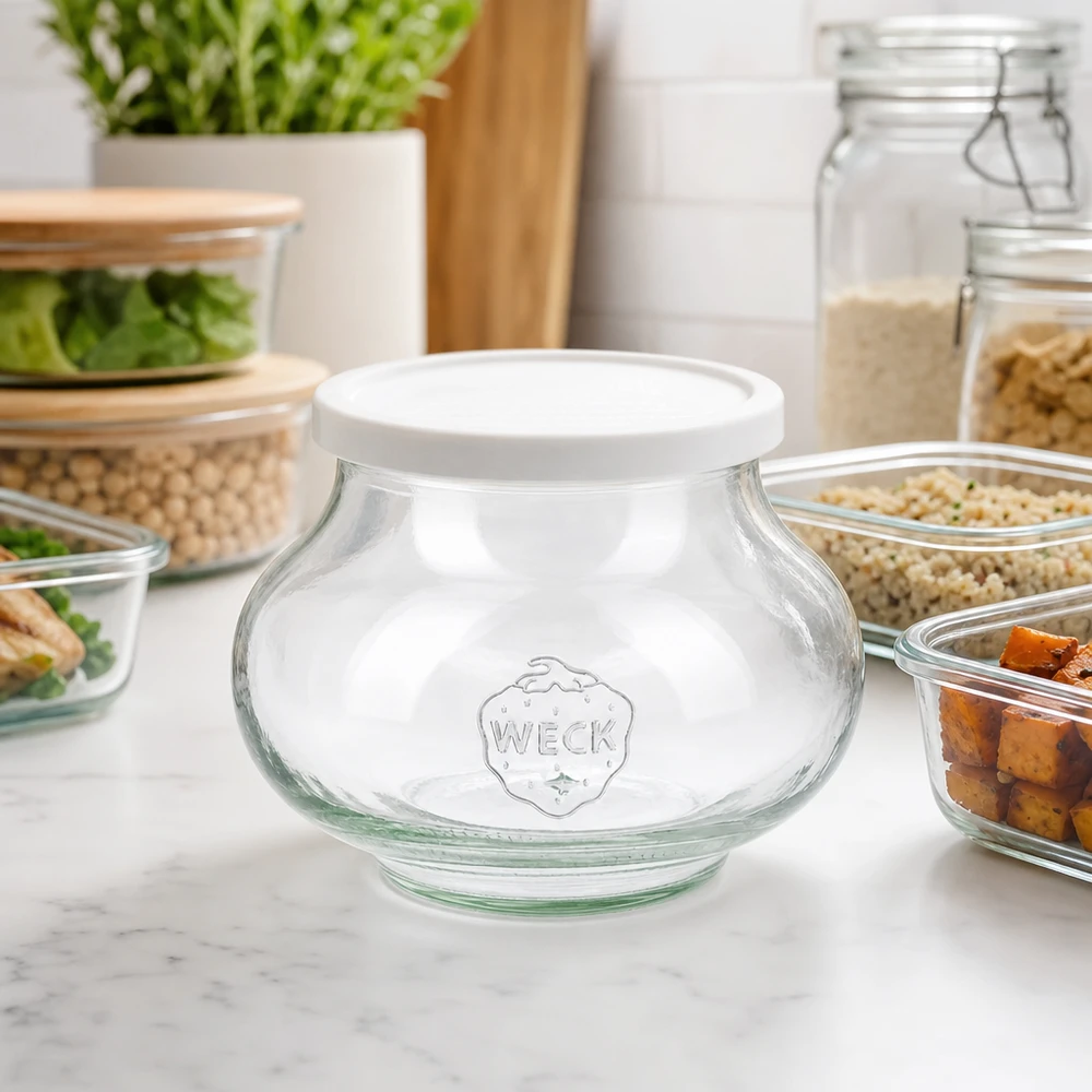 Szklany słoik ozdobny o pojemności 560 ml z pokrywką zachowującą świeżość WECK RR80 WECK Vorratsglas 560ml RR80 in moderner Küche zwischen Meal-Prep Behältern und Gewürzgläsern für stylische Aufbewahrung
