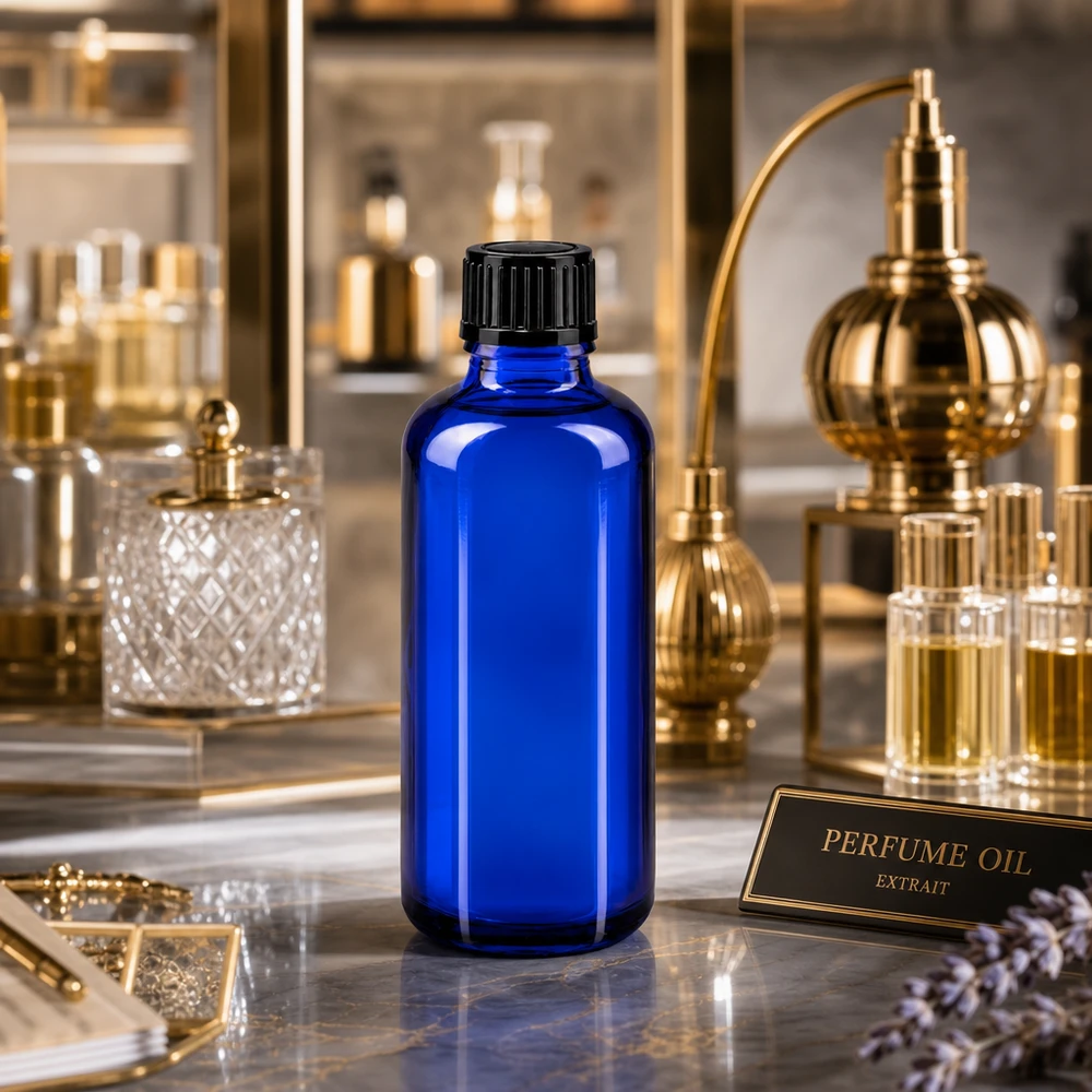 50 ml niebieska buteleczka z zakraplaczem STD, wykonana ze szkła aptecznego, z czarną nakrętką, przeznaczona na olejek perfumowy typu „extrait”