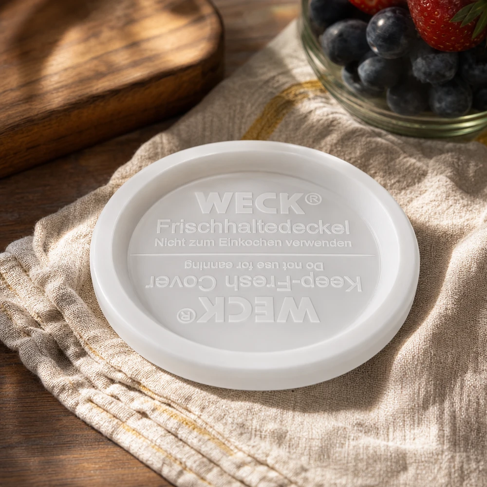 Pokrywka WECK keep-fresh RR120 Obrazek lifestylowy na lnianej ściereczce z miseczką na jagody i drewnianą deską Dekoracja kuchni
