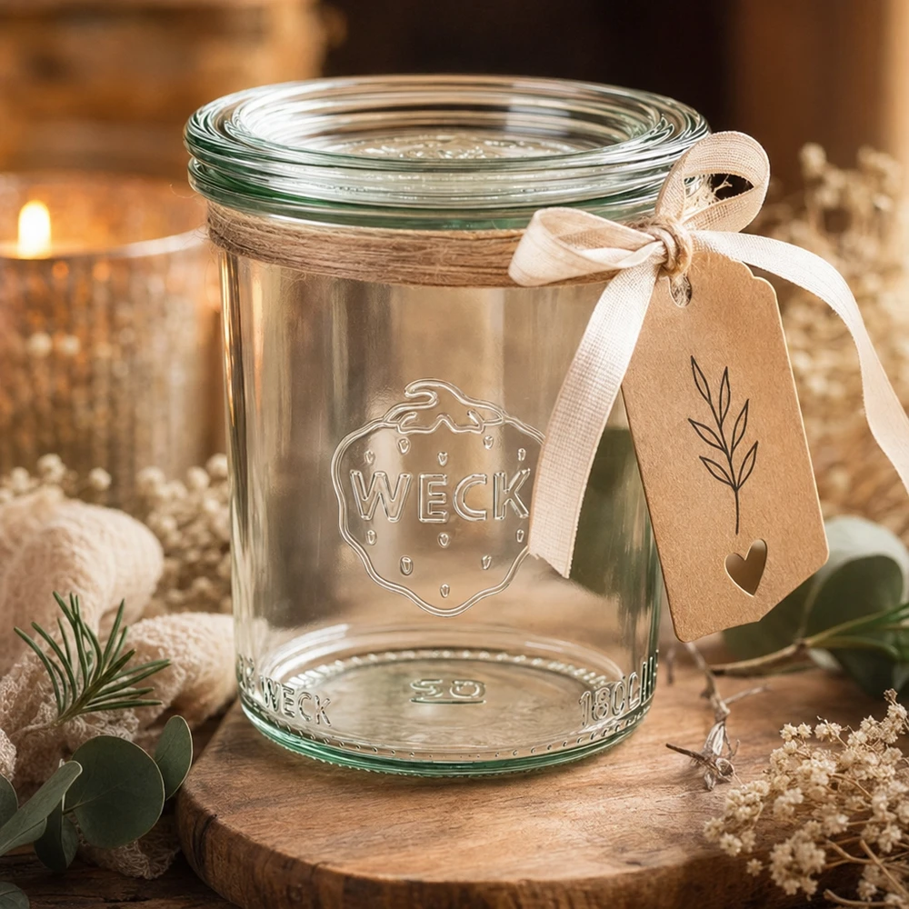Szklany słoik WECK RR60 160 ml w pudełku prezentowym z przywieszką i wstążką w przytulnej atmosferze ze świecą