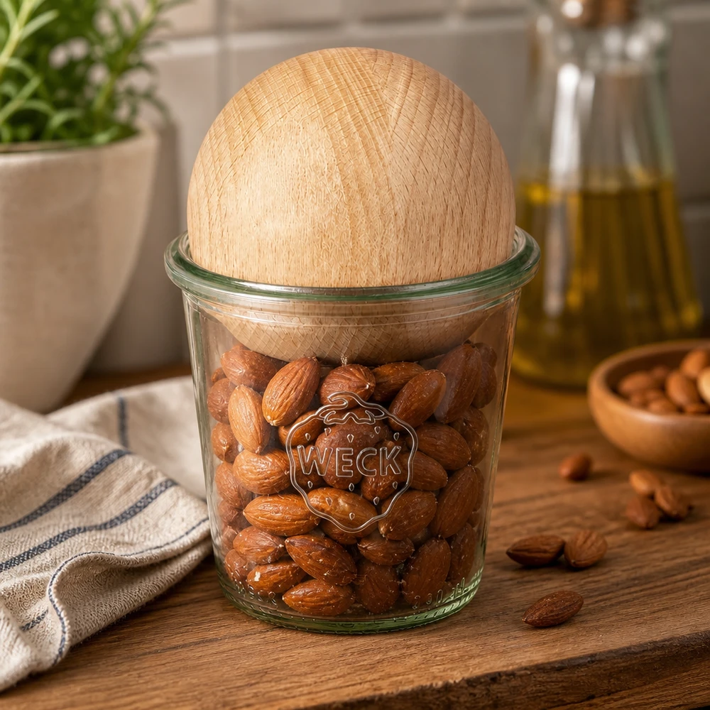 Wysokie kubki WECK RR80 o pojemności 290 ml z drewnianą bukową kulą Kubki WECK 290ml RR80 wypełnione migdałami i bukową pokrywką na drewnianej desce w naturalnym otoczeniu kuchni