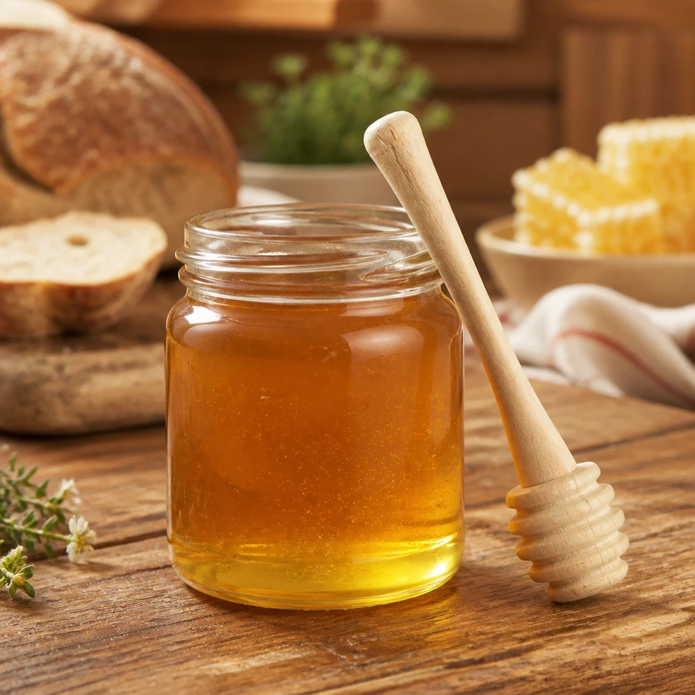 Łyżka do miodu z drewna klonowego w słoiku z naturalnym miodem pokazuje praktyczne zastosowanie w przytulnej kuchni
