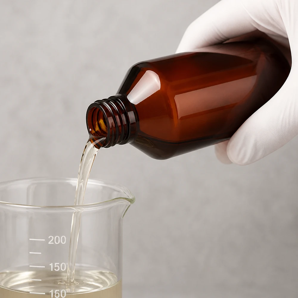 Ręka w rękawiczce przelewa przezroczysty płyn z brązowej butelki PET o pojemności 500 ml do zlewki