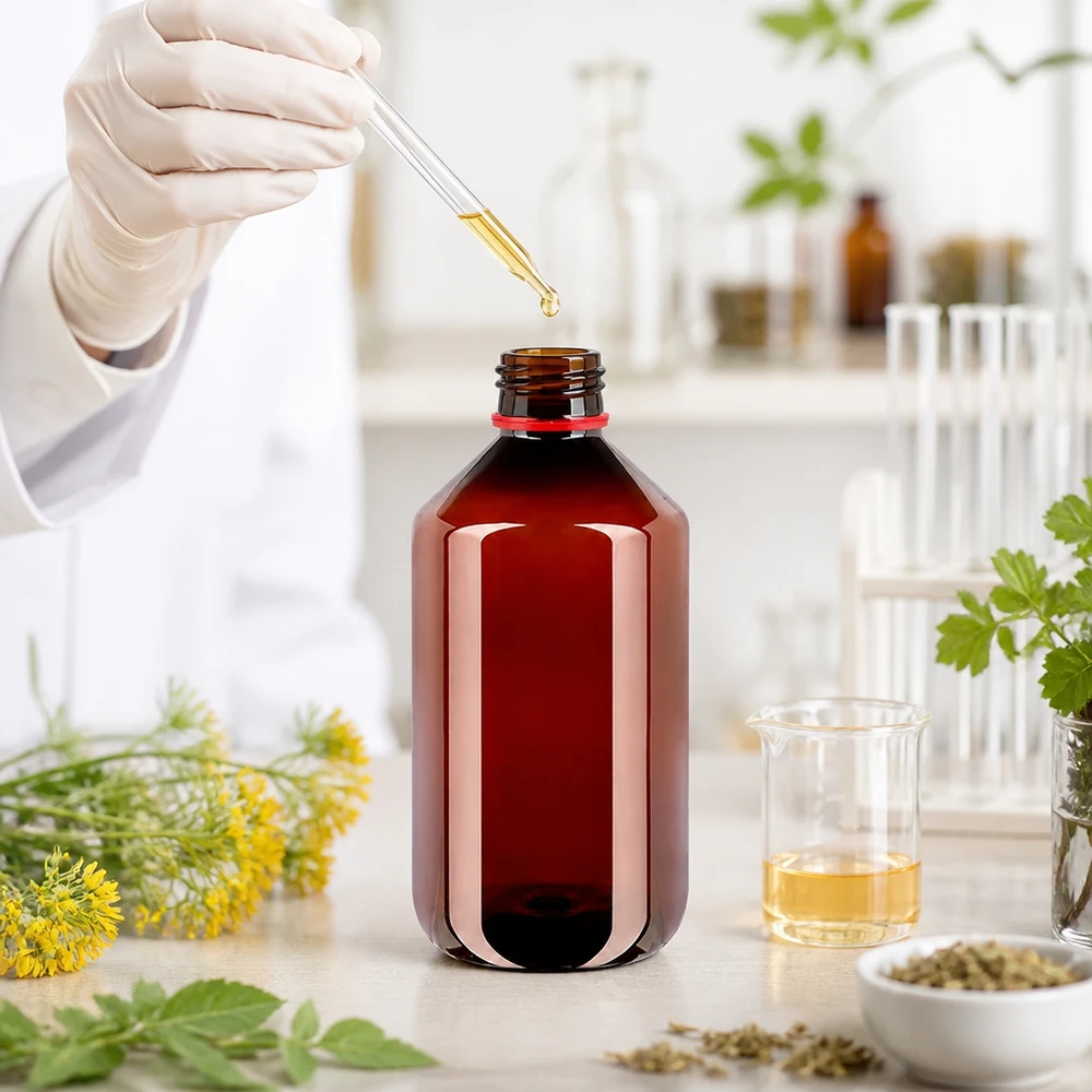 Butelka PET 500 ml z białą/czerwoną nakrętką OV Brązowa butelka PET o pojemności 500 ml z czerwonym zamknięciem zabezpieczającym w laboratorium farmaceutycznym