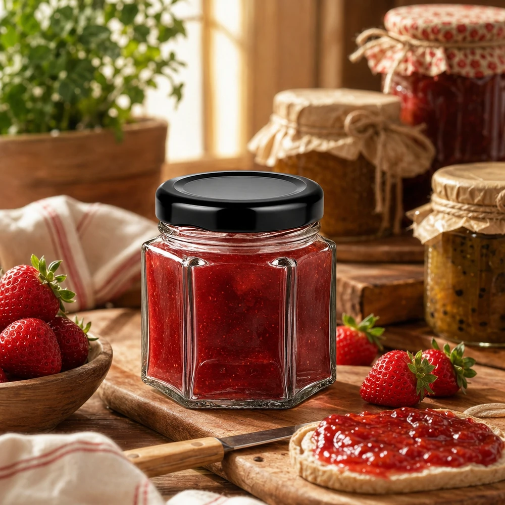 Słoik sześciokątny 47 ml z pokrywką BasicSeal czarna UN.. Słoik Hexa 47ml z czarną pokrywką wypełniony dżemem truskawkowym w rustykalnej kuchni ze świeżymi truskawkami