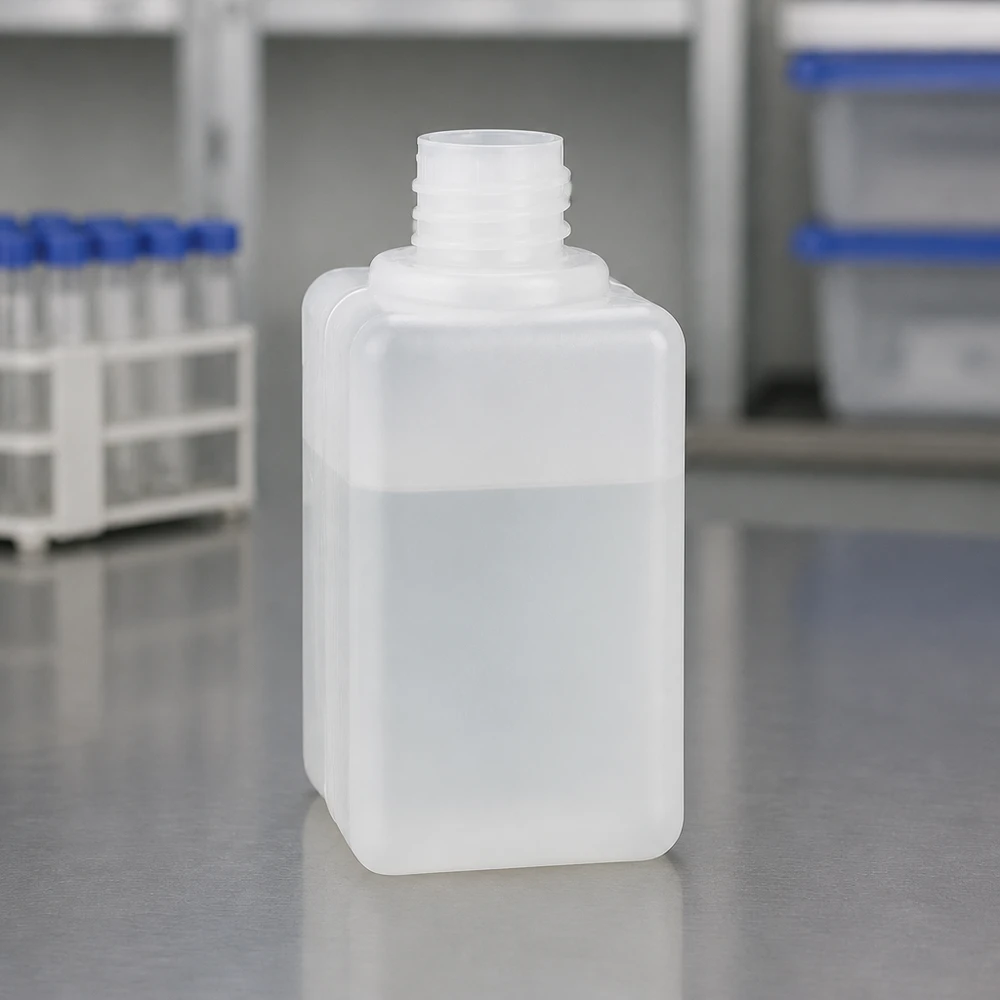 Prostokątna butelka na chemikalia z polietylenu HD o pojemności 50 ml z wąską szyjką GL 18 na stole laboratoryjnym ze stali nierdzewnej