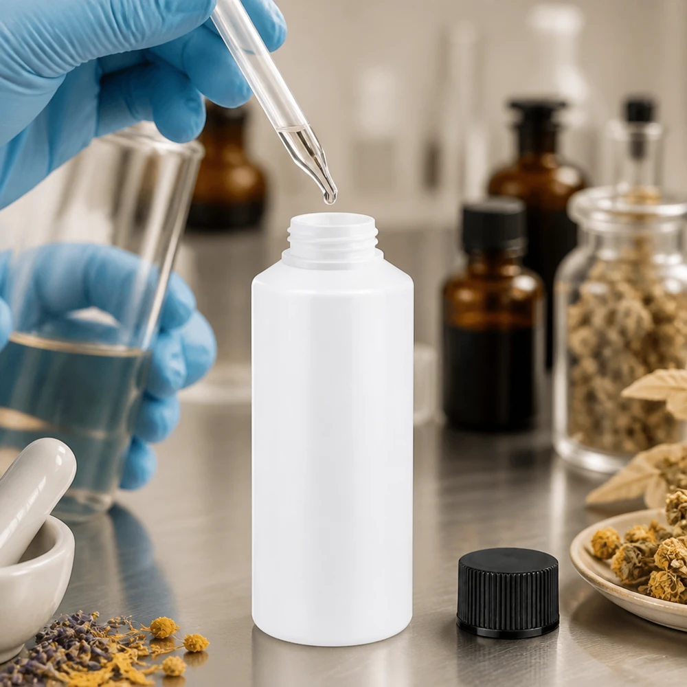 Biała butelka apteczna z HDPE o pojemności 100 ml z czarną zakrętką w laboratorium