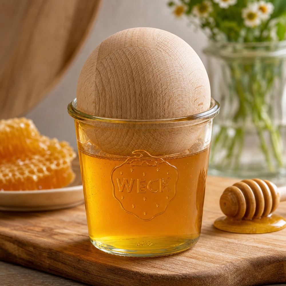 Kubki 580ml WECK RR100 z drewnianą kulką buk Słoik WECK RR100 580 ml z drewnianą bukową kulą wypełnioną miodem na drewnianej desce obok plastra miodu i łyżki miodu