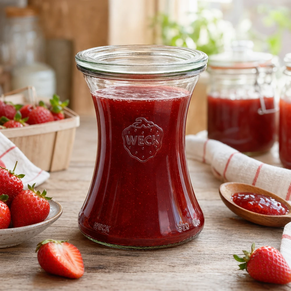 Słoik delikatesowy WECK 370 ml wypełniony dżemem truskawkowym pokazuje praktyczne zastosowanie słoika RR80 w kuchni.
