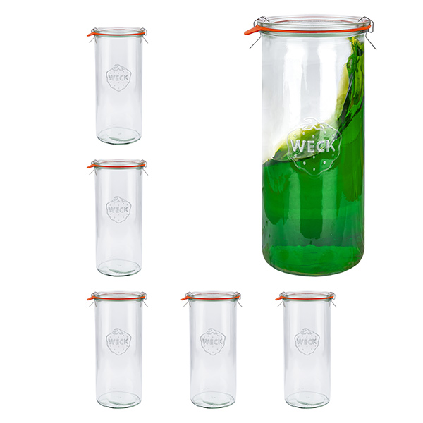 Zestaw 6 okrągłych kubków Weck 1500 ml + szklana pokrywka + pierścienie + klipsy