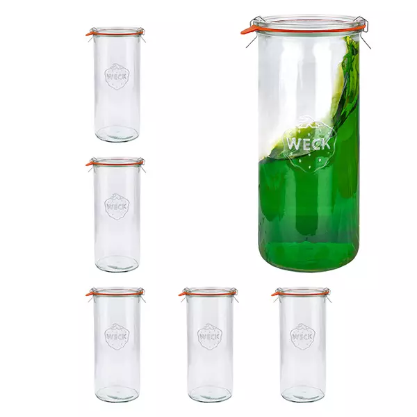 Zestaw 6 okrągłych kubków Weck 1500 ml + szklana pokrywka + pierścienie + klipsy Zestaw 6 okrągłych kubków Weck 1500 ml + szklana pokrywka + pierścienie + klipsy