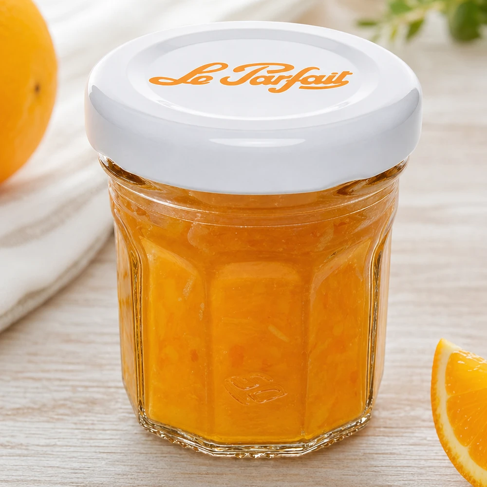 Mini kubki Le Parfait 44 ml wypełnione marmoladą pomarańczową i białą pokrywką obok plasterków świeżej pomarańczy