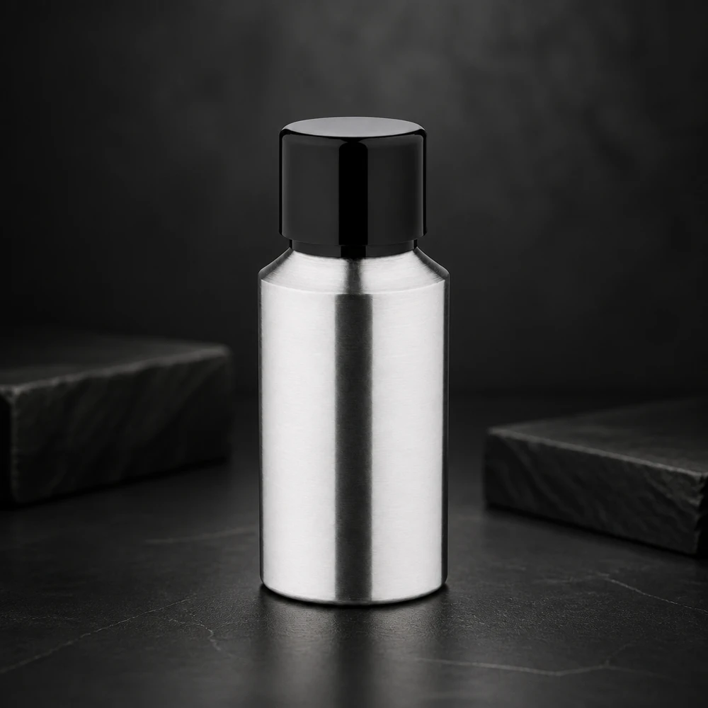 Butelka z polerowanego aluminium o pojemności 30 ml z zakrętką Wysokiej jakości aluminiowa butelka o pojemności 30 ml z lustrzaną powierzchnią i czarną zakrętką dla produktów premium.