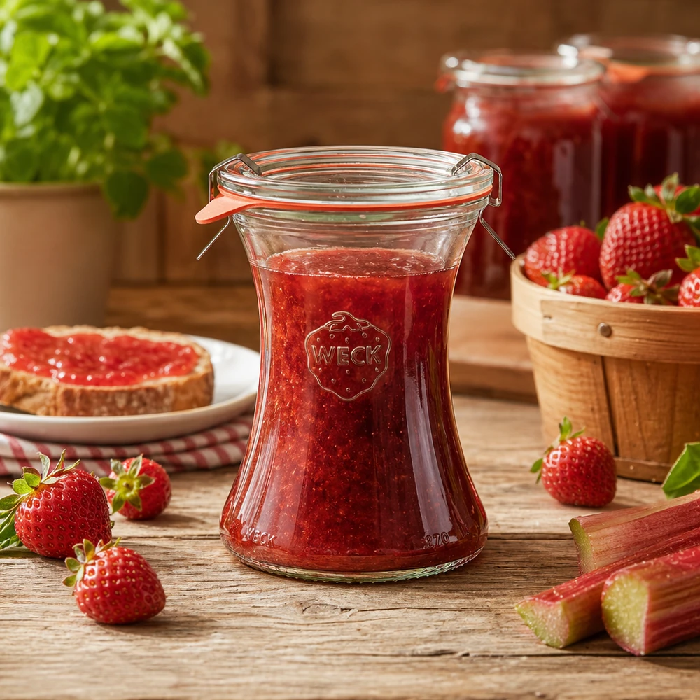 Słoik delikatesowy o pojemności 370 ml, kompletny, WECK RR80 Słoik do przetworów WECK 370ml wypełniony dżemem truskawkowym Przykład zastosowania do przechowywania dżemów i marmolady