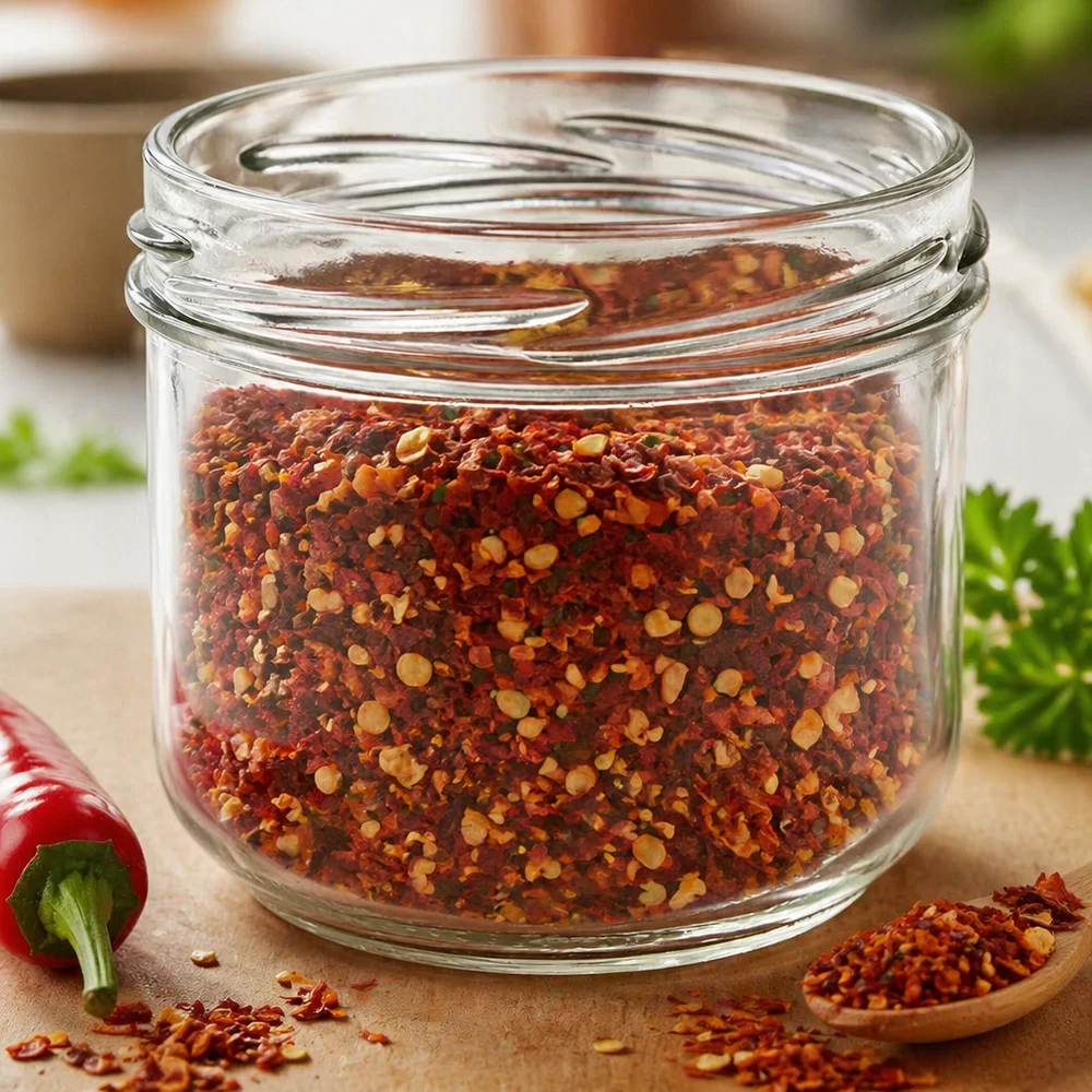 UNiTWIST Sturz260 - Okrągła szklanka o pojemności 260ml TO82 UNiTWIST Sturz260 okrągła szklanka 260ml TO82 wypełniona mieszanką przypraw chili na drewnianej desce z ziołami