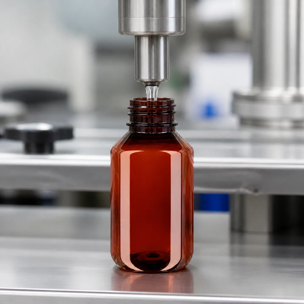 Automatyczna linia rozlewnicza napełnia brązową butelkę PET o pojemności 100 ml z białym zamknięciem na zatrzask