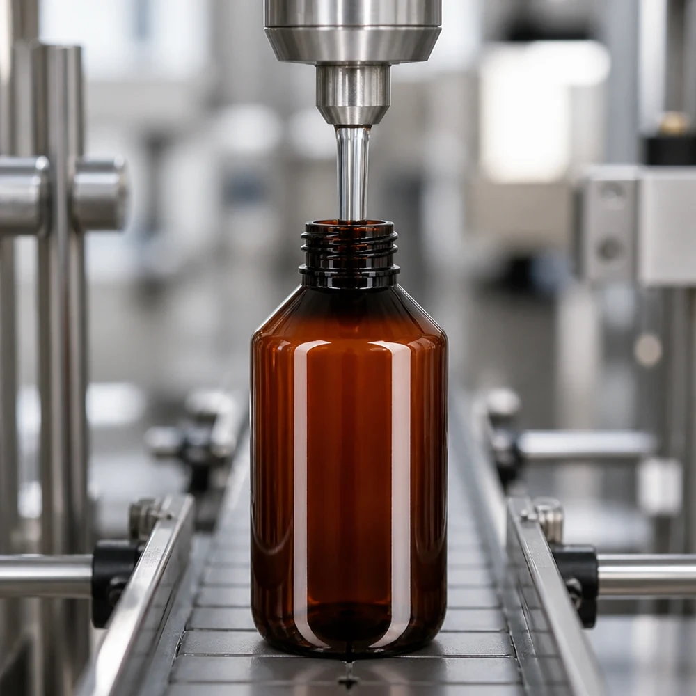 Butelka PET 200ml z nakrętką odgazowującą czerwona Linia rozlewnicza automatycznie napełnia brązową butelkę PET o pojemności 200 ml z czerwonym korkiem odgazowującym