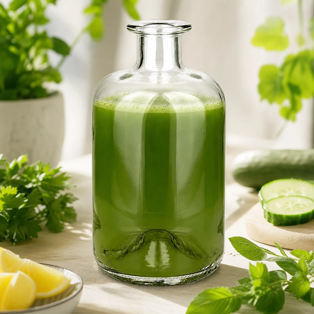 Butelka farmaceutyczna Luna 500ml wypełniona zielonym koktajlem otoczonym świeżymi ziołami, ogórkiem i cytryną jako napój wellness.
