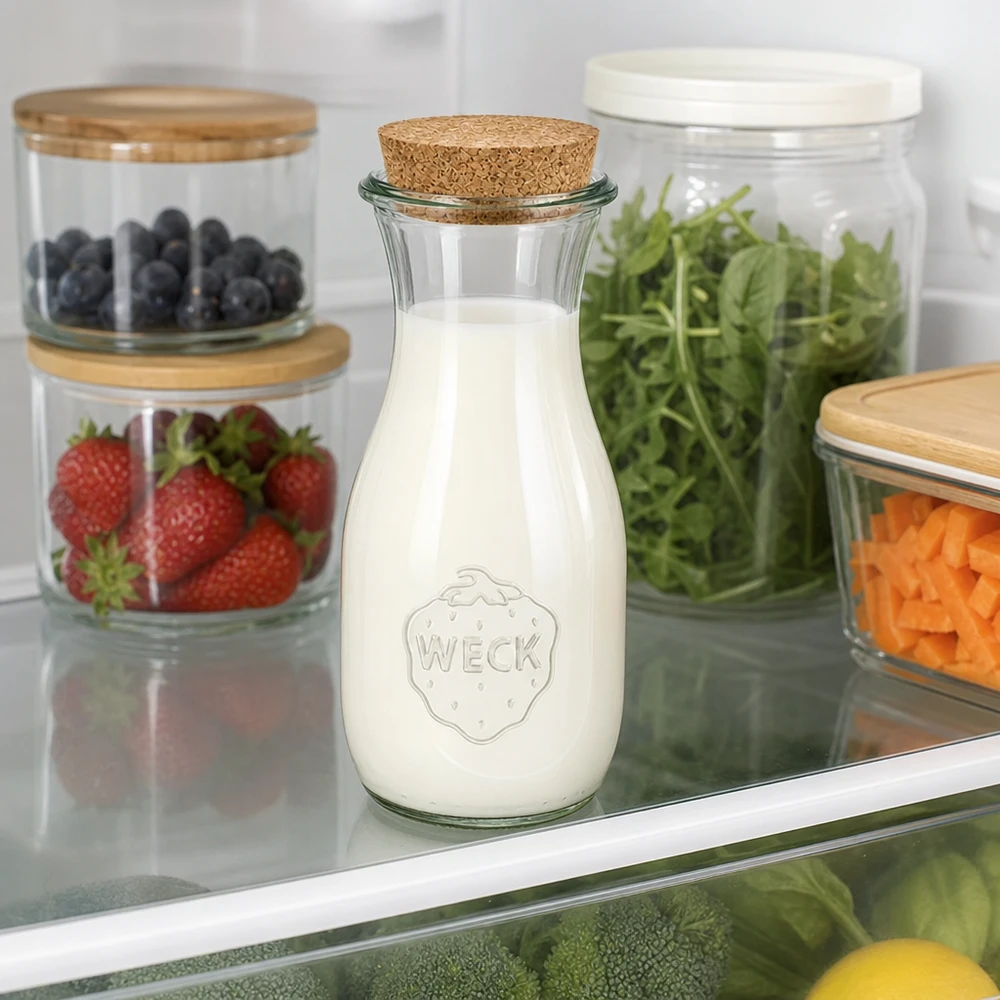 Butelka na sok 530ml WECK RR60 z korkiem naturalna Butelka na sok WECK 530 ml wypełniona mlekiem w lodówce obok słoików z jagodami, sałatką i warzywami.