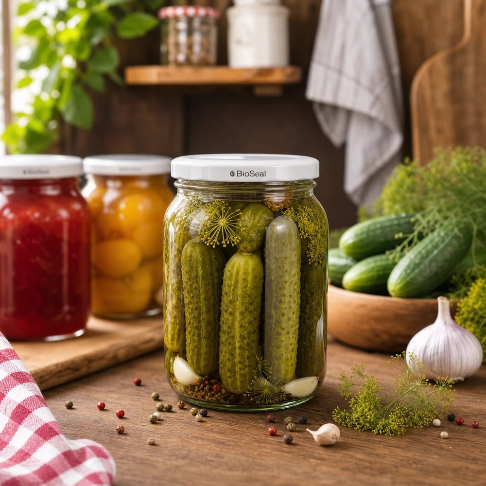 UNiTWIST Lintel350 z białą pokrywą TO82 BioSeal UNiTWIST Sturz350 mit eingelegten Gewürzgurken zeigt perfekte Eignung für Konserven und Eingemachtes TO82 BioSeal