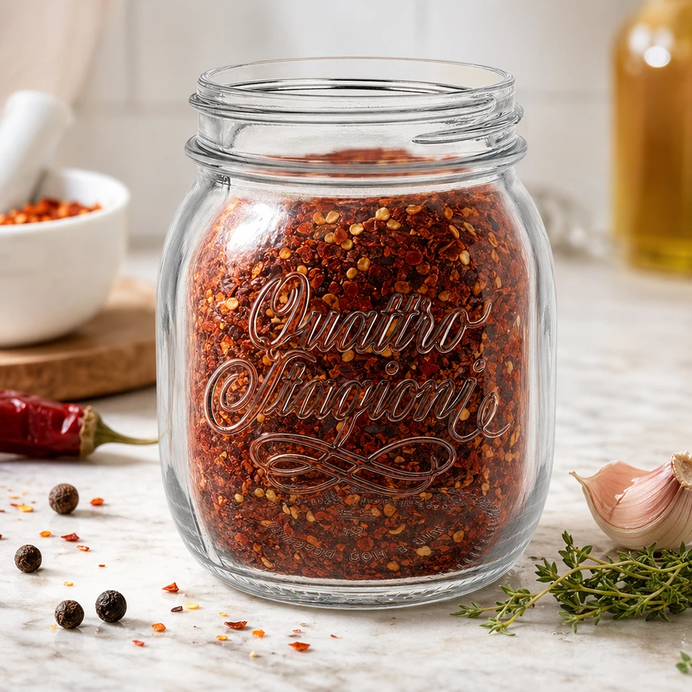 Szkło gospodarcze "Quattro Stagioni" o pojemności 700 ml 700 ml słoik Quattro Stagioni wypełniony mieszanką przypraw chili na blacie kuchennym z ziołami i czosnkiem