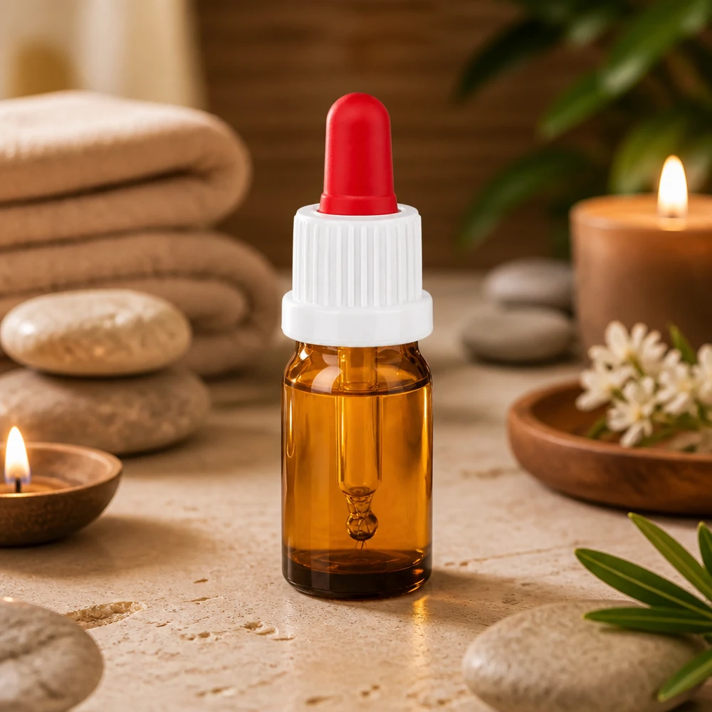 Butelka do leków płynnych 5 ml biała/czerwona OV BrownLine UT18/5 Butelka z pipetą BrownLine UT18/5 o pojemności 5 ml z czerwoną gumową pipetą do precyzyjnej aplikacji serum.