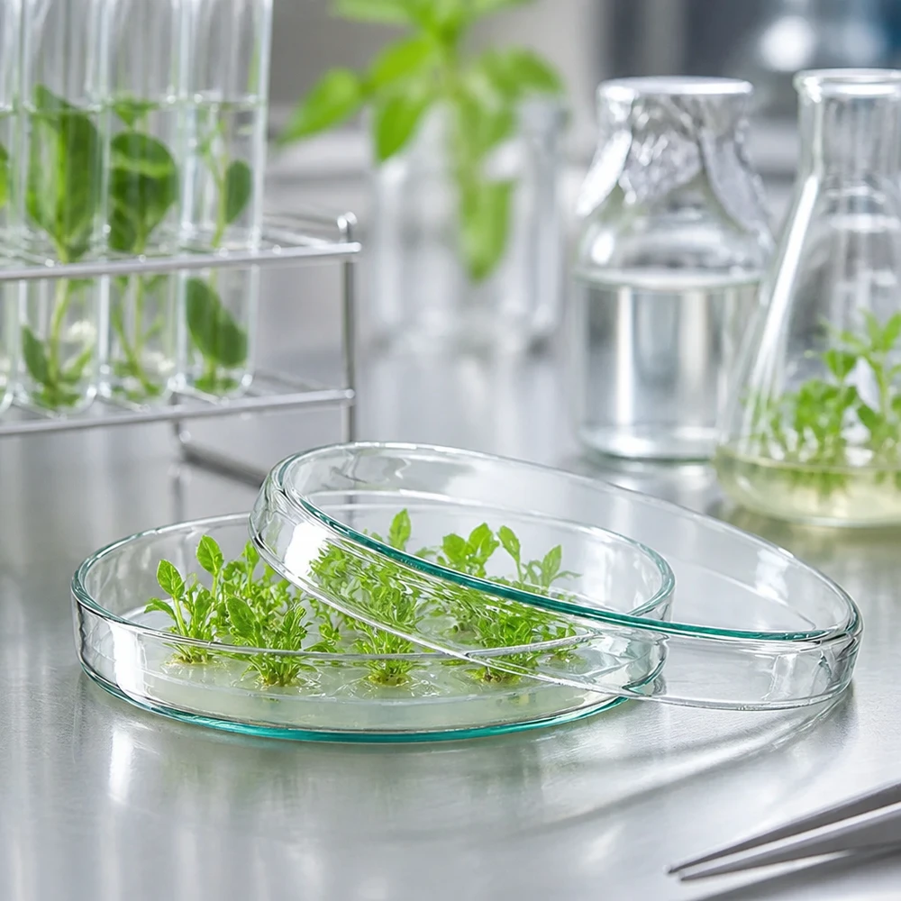 Szalka Petriego 90x15mm szklana Szklana szalka Petriego o wymiarach 90 x 15 mm z zielonymi hodowlami roślin na podłożu odżywczym w laboratorium biotechnologicznym