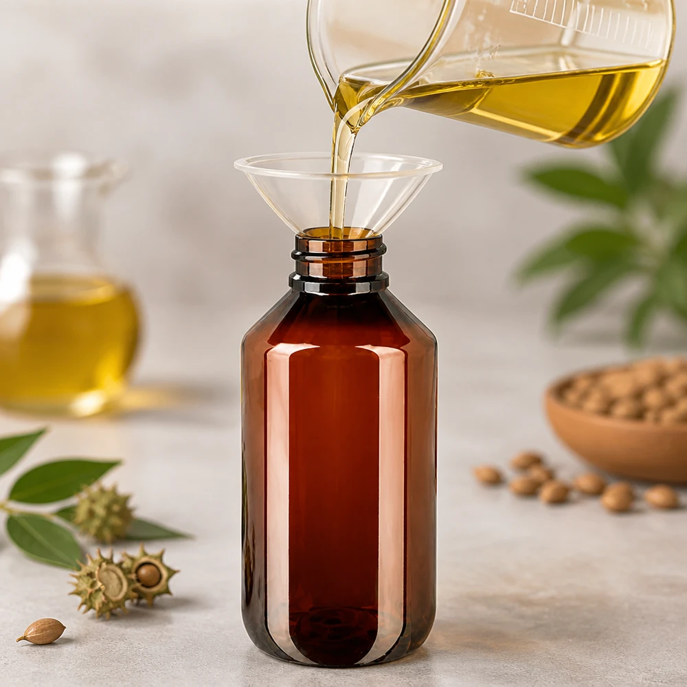 Brązowa butelka PET o pojemności 200 ml z lejkiem podczas napełniania żółtym olejem roślinnym