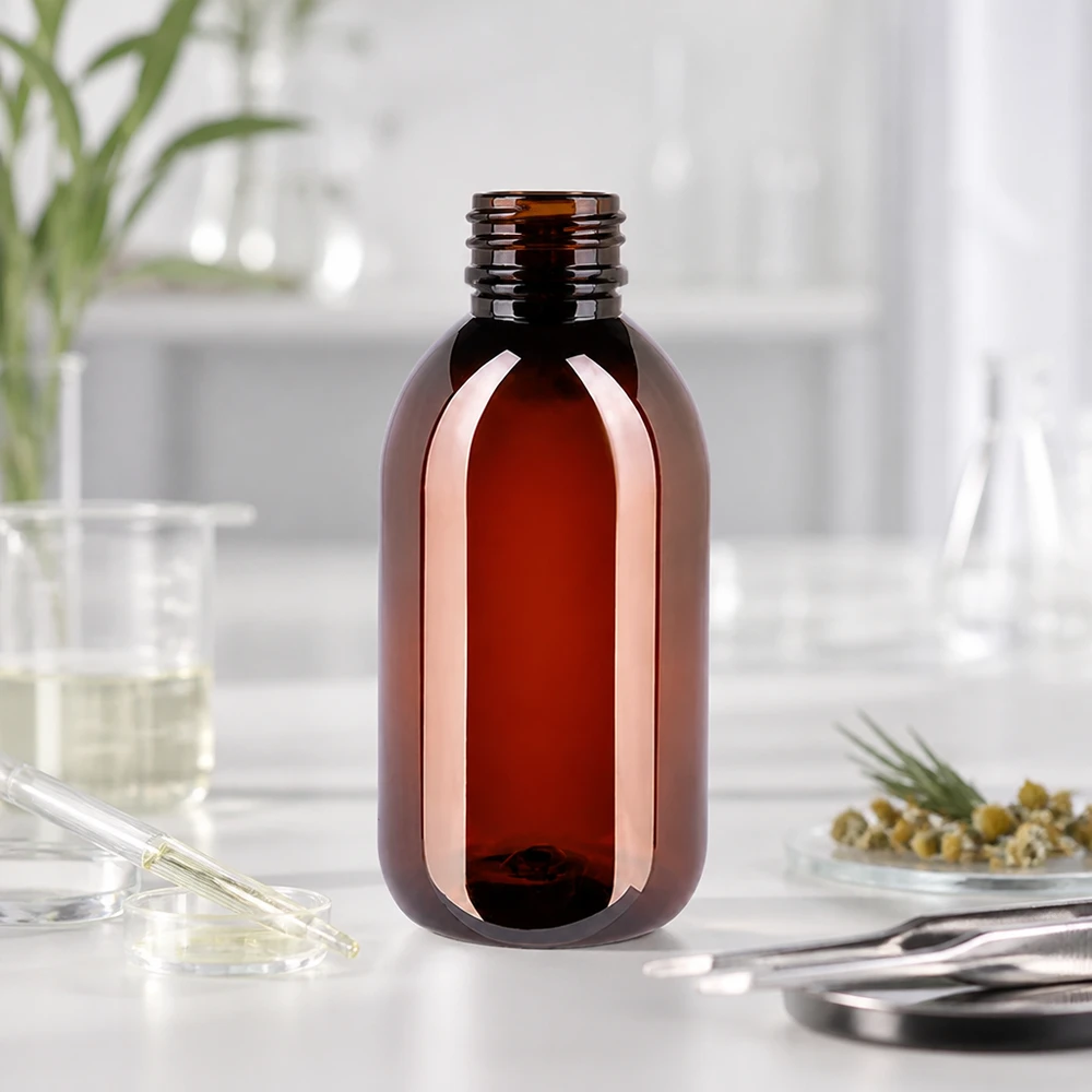 Stabile PET Flasche 250ml in Bernsteinoptik mit Standardverschluss für pharmazeutische Produkte