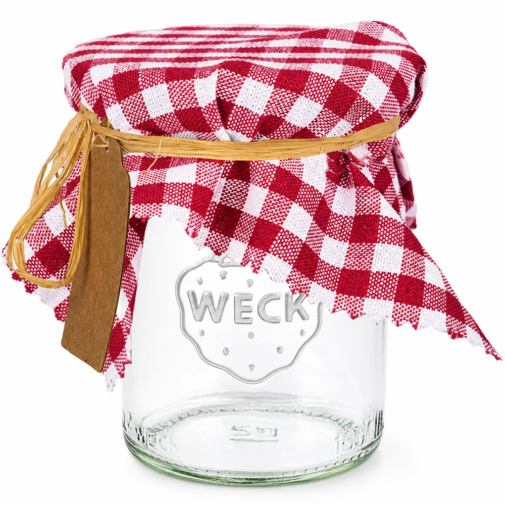 Serwetka materiałowa w kratkę biała/bordo 150x150mm kwadratowa Słoik na przetwory z pokrywką z tkaniny w czerwono-białą kratkę i rafią jako dekoracją pokrywki