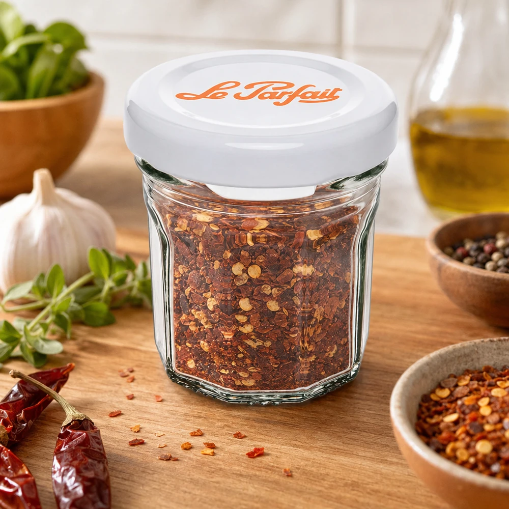 44ml Mini-Sturzglas "Jam" mit Schraubdeckel Le Parfait® Mini kubki Le Parfait o pojemności 44 ml wypełnione mieszanką ziół i przypraw chili na drewnianej podstawie.