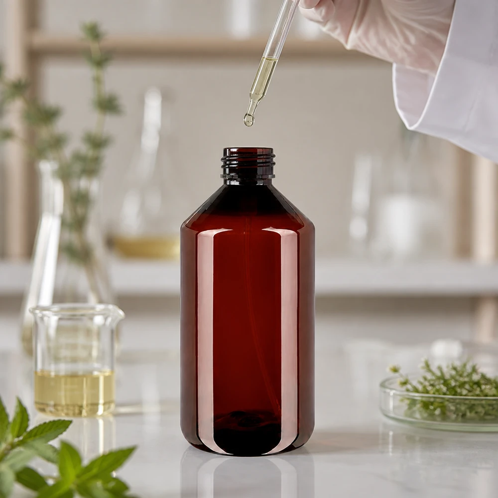 Brązowa butelka z tworzywa PET o pojemności 750 ml z rozpylaczem w nowoczesnym laboratorium