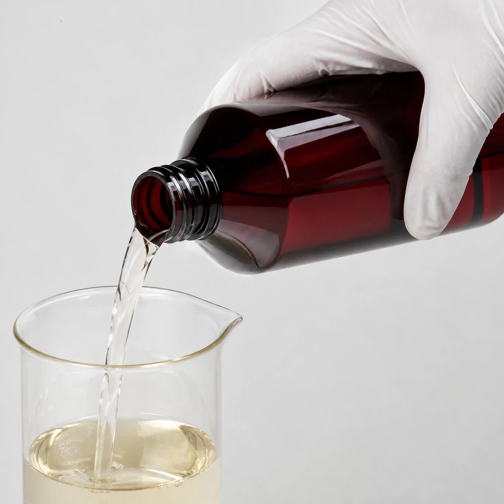 Butelka PET 750ml z nakrętką odgazowującą czerwona Ręka w rękawiczce wlewa przezroczysty płyn z czerwonej butelki PET o pojemności 750 ml do zlewki laboratoryjnej