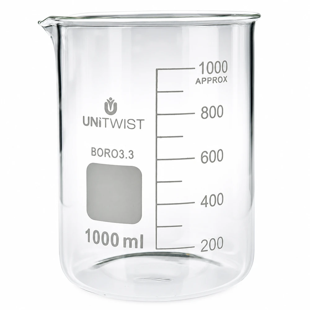 Szklanka laboratoryjna o pojemności 1000 ml, wykonana ze szkła borokrzemowego, o niskim profilu, z podziałką do 1000 ml, marki UNiTWIST