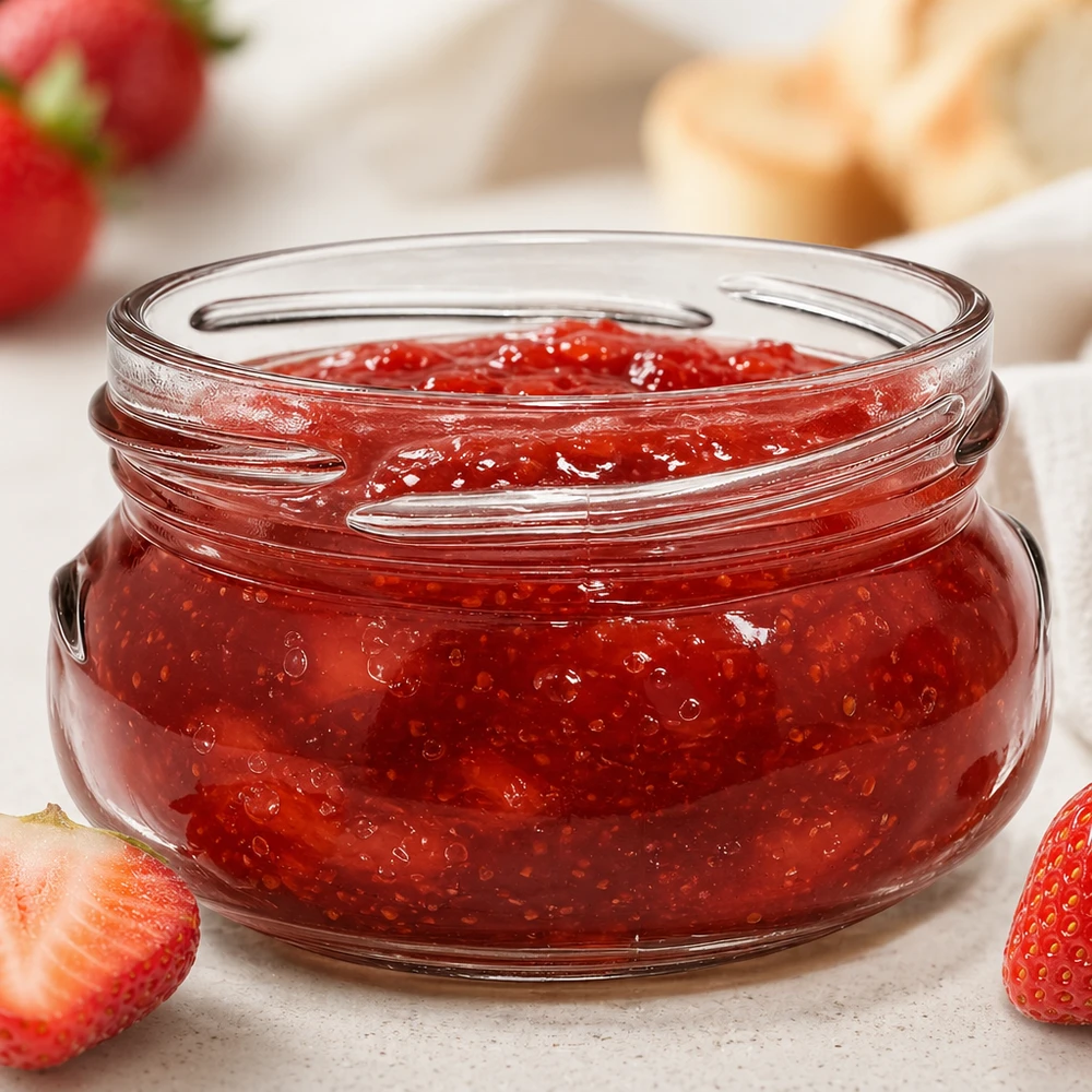 UNiTWIST Terrina120 terrine słoik 120ml TO70 wypełniony dżemem z czerwonych truskawek obok świeżych truskawek