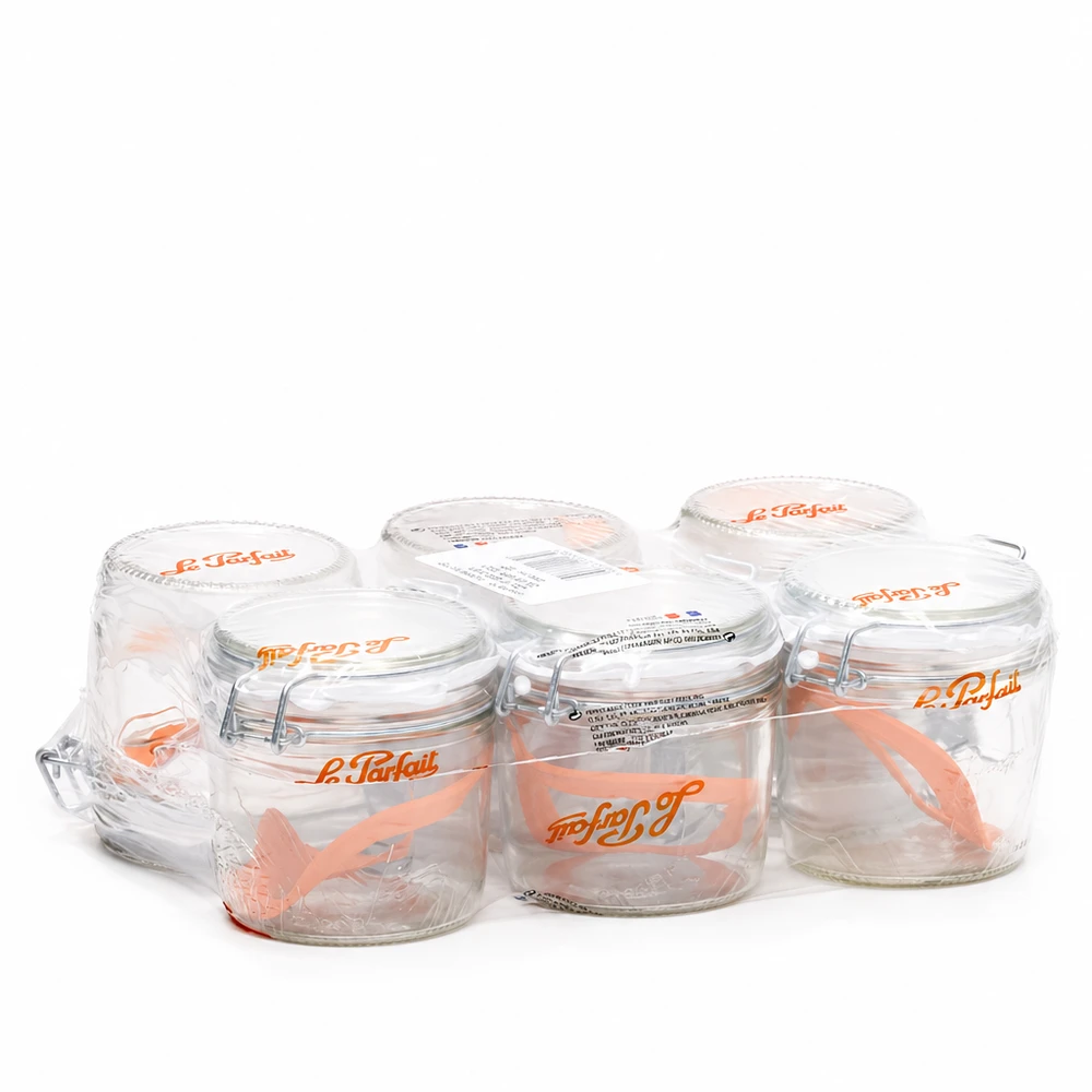 Kubki Familia Wiss o pojemności 415 ml z 2-częściową pokrywką firmy Le Parfait w zestawie 6 sztuk w plastikowym opakowaniu.