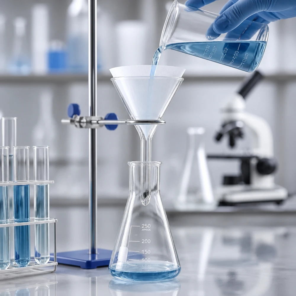 Lejek Ø 35 mm do wapna sodowanego, kąt 60°, krótki Lejek z krótkim uchwytem wykonany ze szkła sodowo-wapniowego do precyzyjnej dekantacji cieczy w laboratorium