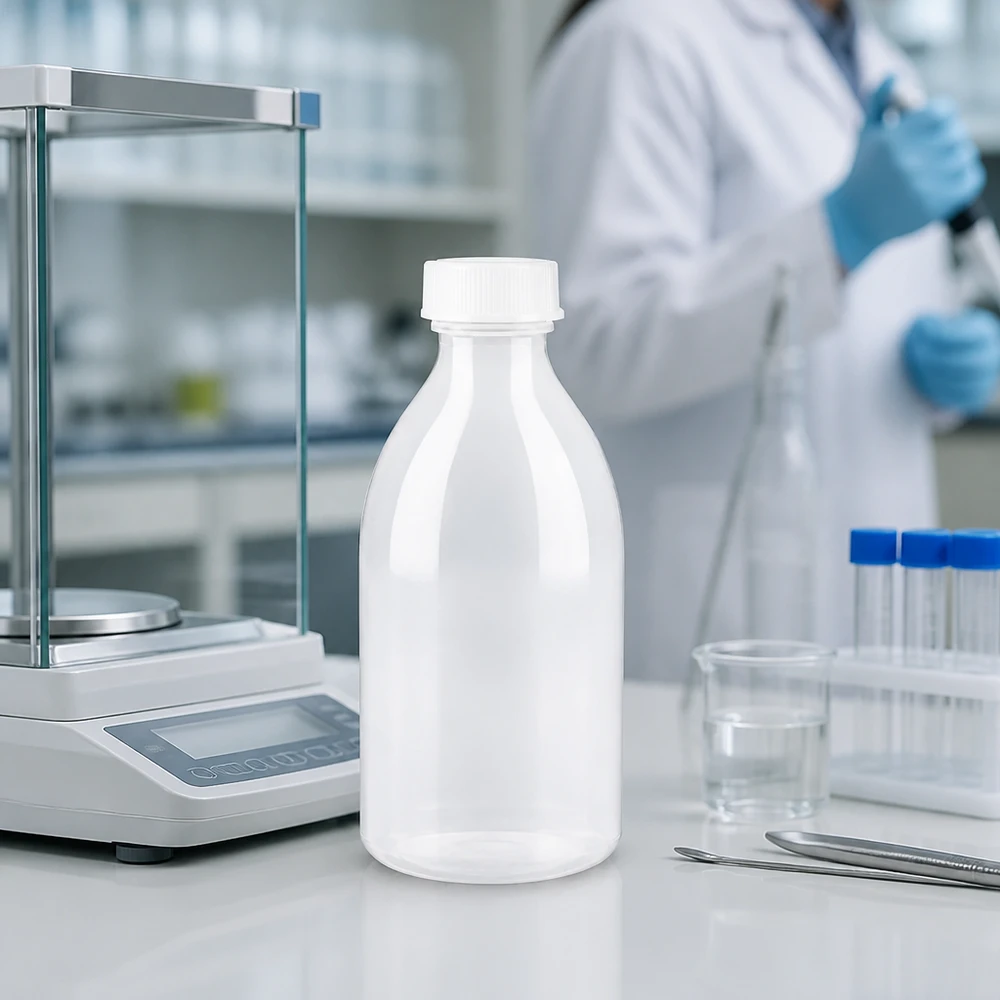 Butelka z wąską szyjką o pojemności 250 ml z LDPE, z zakrętką, obok wagi analitycznej w nowoczesnym laboratorium badawczym