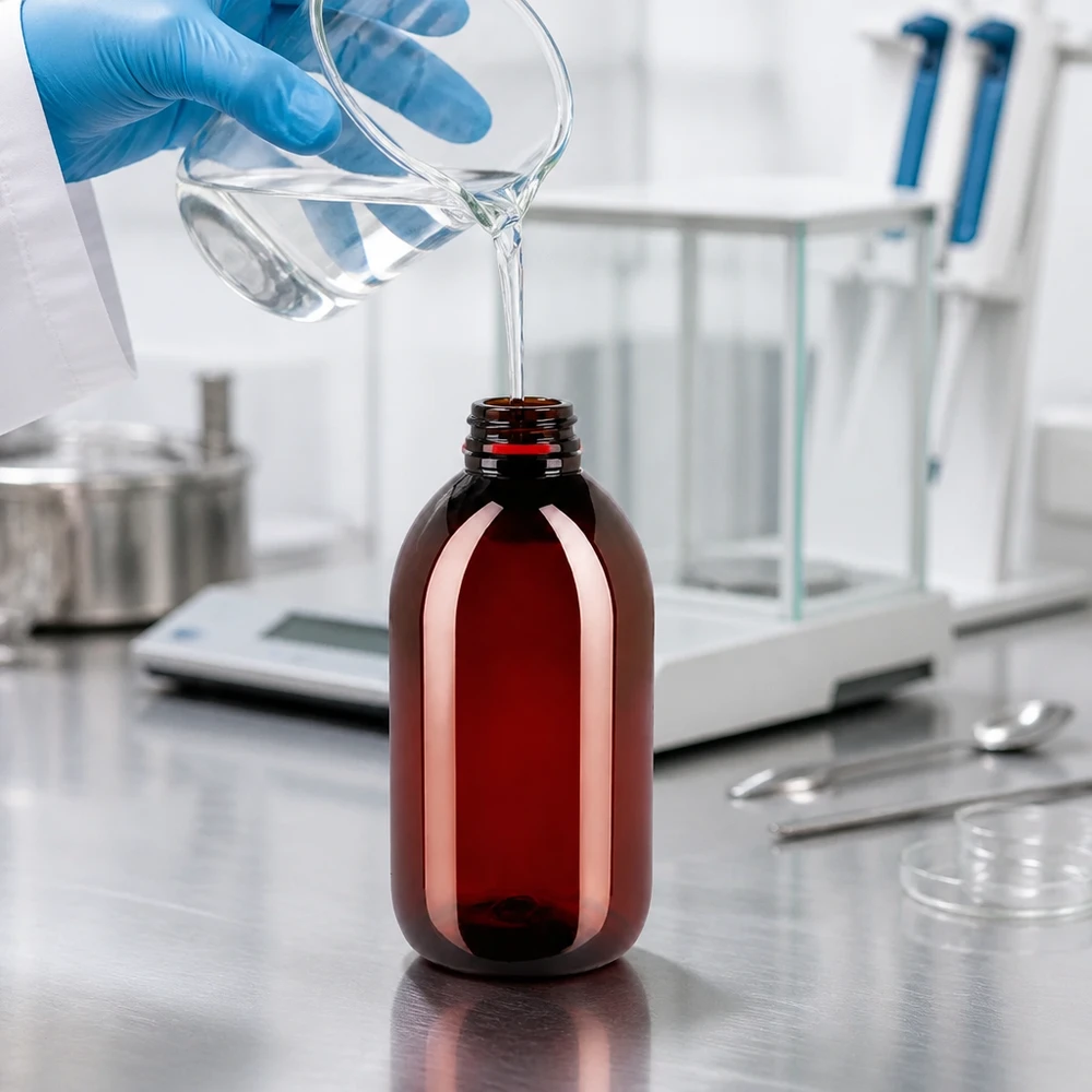 Butelka PET 250 ml z białą/czerwoną nakrętką OV Butelka PET o pojemności 250 ml w kolorze bursztynowym z opakowaniem zewnętrznym podczas napełniania przezroczystym płynem w zakładzie farmaceutycznym
