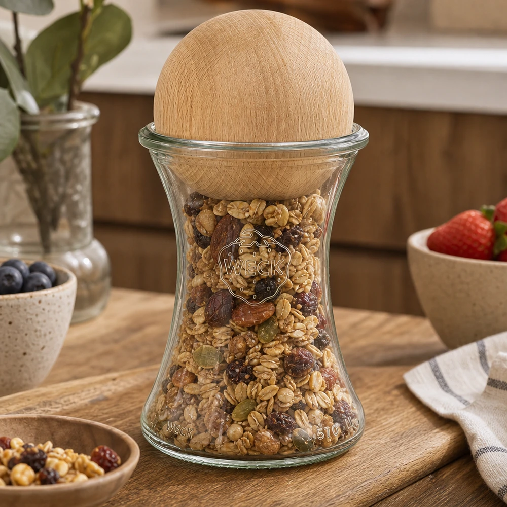 Słoik delikatesowy 370ml WECK RR80 w. Drewniana kulka bukowa WECK Vorratsglas 370ml mit Buchenholzkugel gefüllt mit Müsli Nüssen auf Holzbrett Küchendeko stylisch