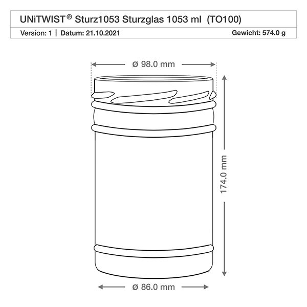 UNiTWIST Sturz1053 - Kubki o pojemności 1053ml TO100 Kubki UNiTWIST 1053ml TO100 rysunek techniczny z wymiarami Średnica 98mm Wysokość 174mm Waga 574g